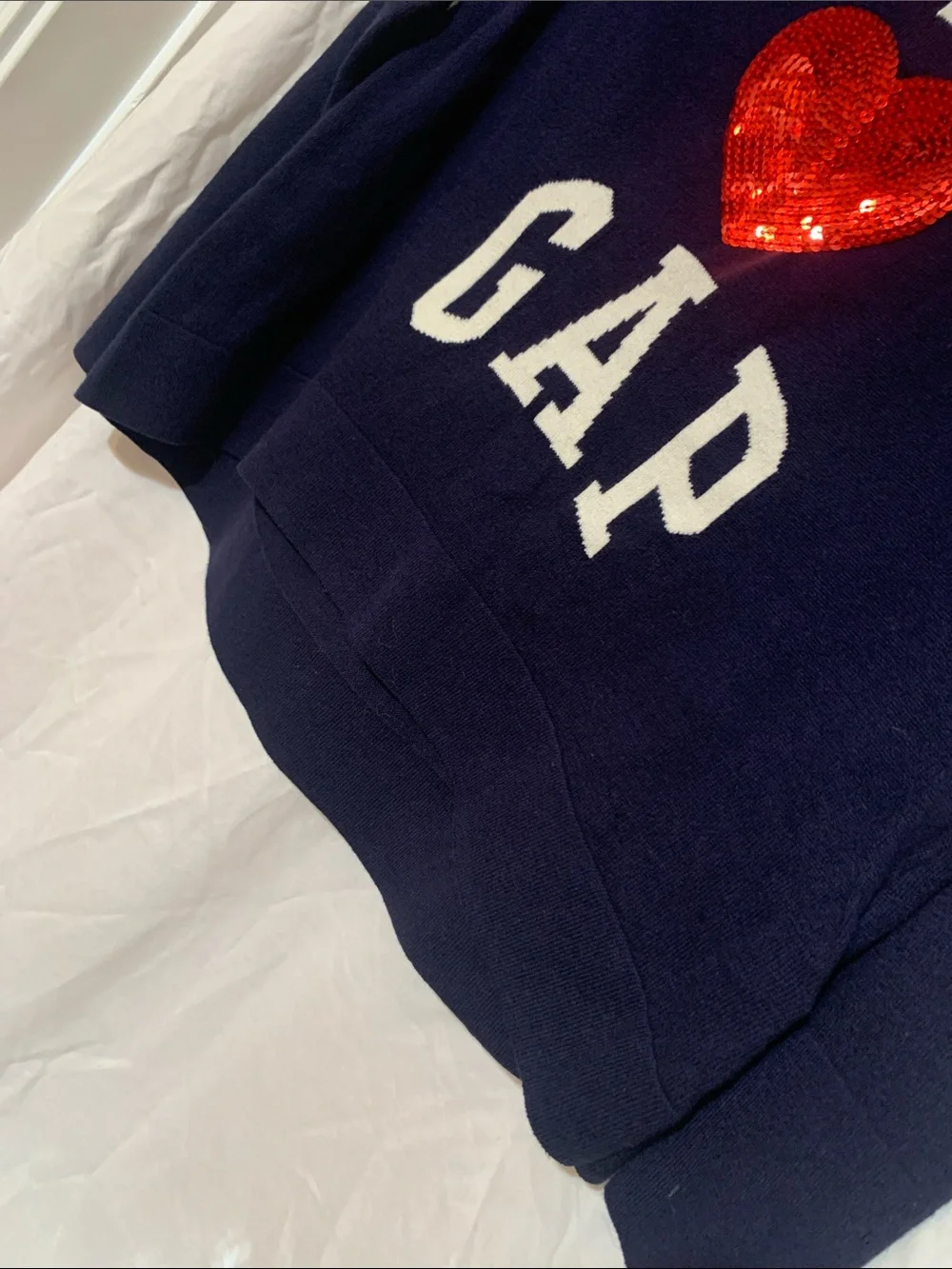 GAP Kids Navy Sweater with Red Sequin Heart and White Logo “I ♥️ GAP” EUC size M